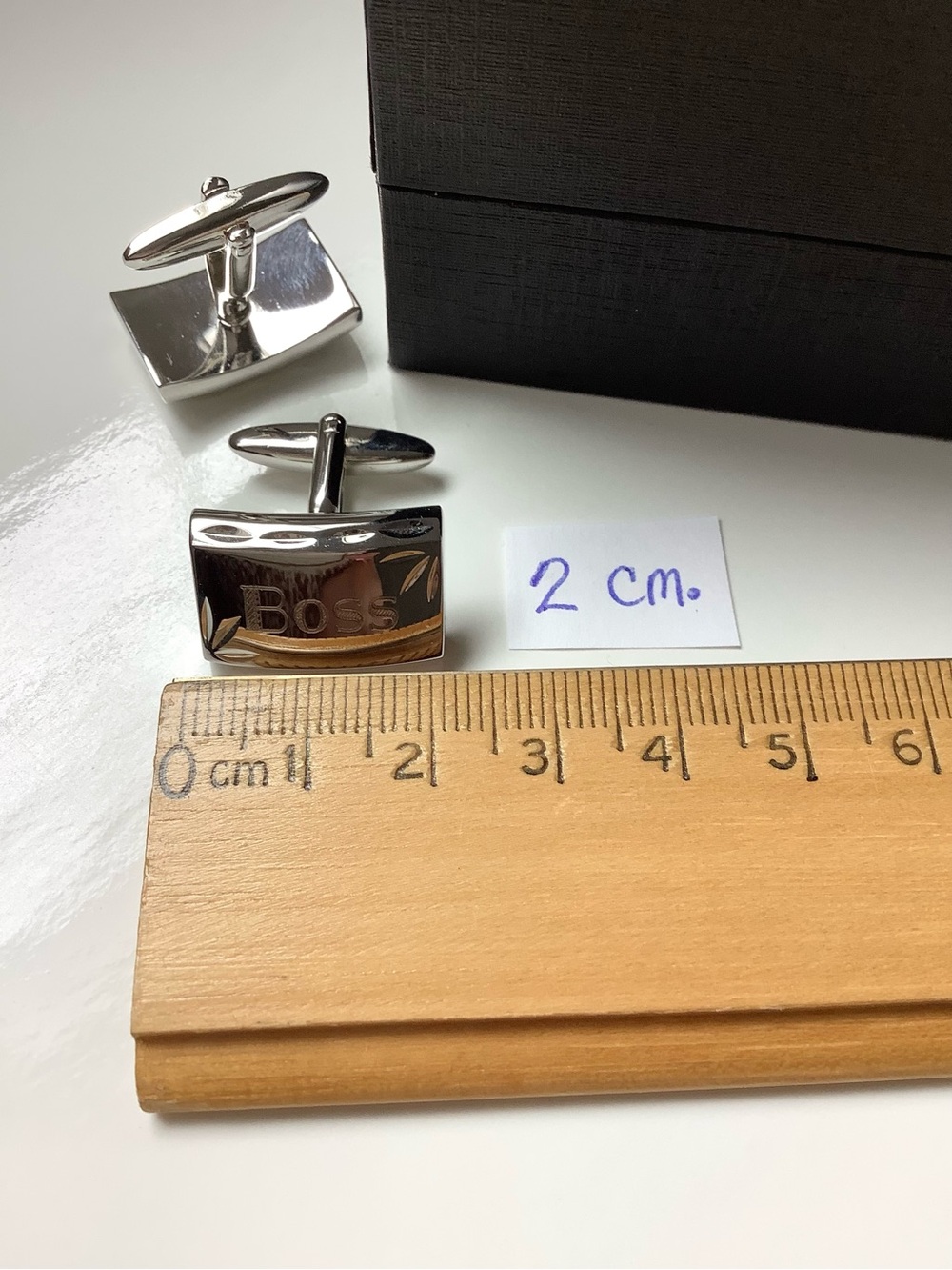 Boss Silver Rectangular Engraved Cufflinks - Picture 4 of 8